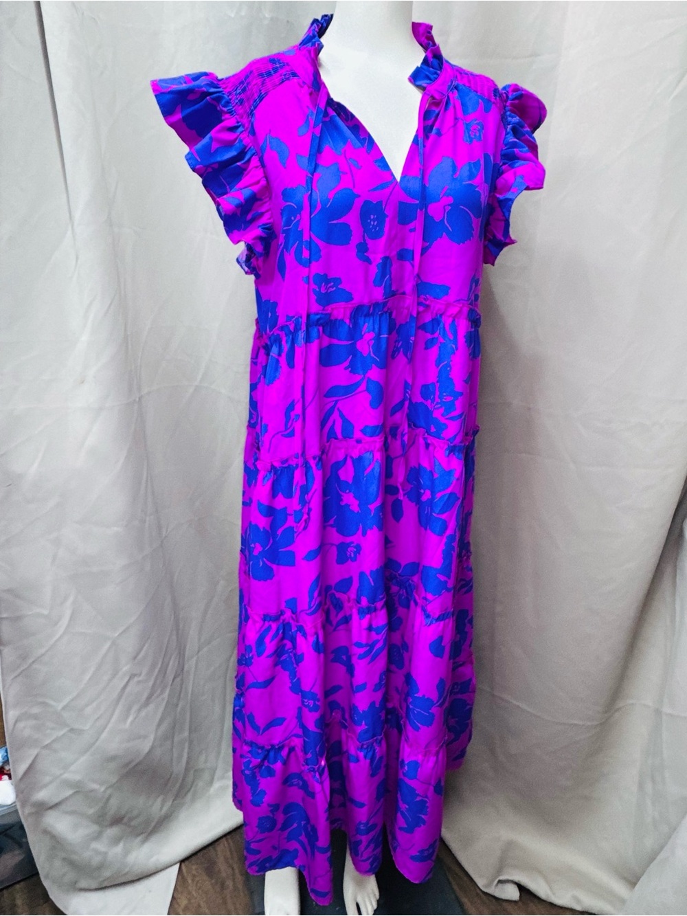 Umgee Magenta and Royal Blue Floral Maxi Dress with Ruffle Sleeves